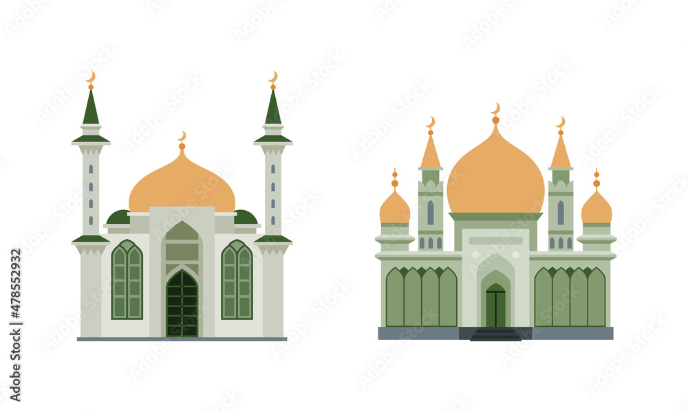 Muslim Mosque Building or Religious House as Place of Worship Vector Set