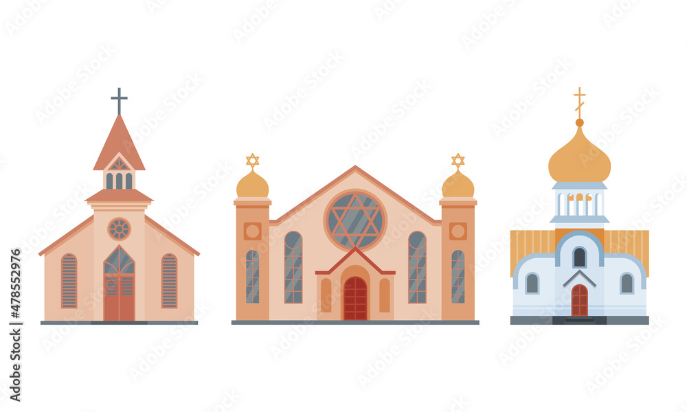 Orthodox and Jewish Church Building or Religious House as Place of Worship Vector Set