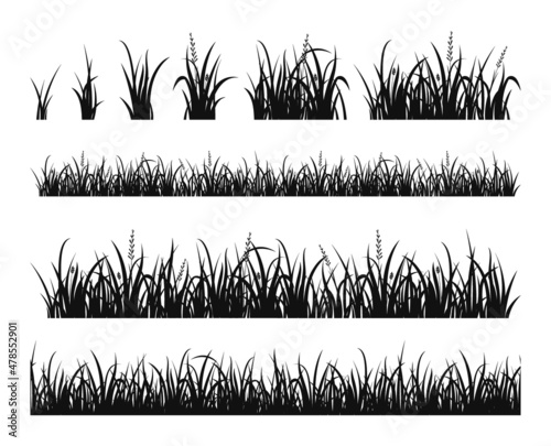 Silhouettes grass. Vector set of grass meadow border, tufts of grass, compact lawns, field isolated on white background. Spring or summer lawn panoramic landscape.Horizontal seamless herbal background