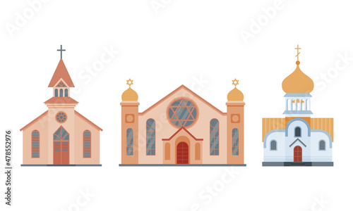 Orthodox and Jewish Church Building or Religious House as Place of Worship Vector Set