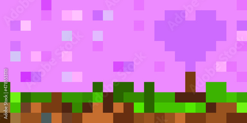 Valentine background  a pink sky and purple heart on earth surface