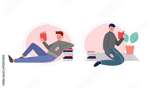 Man Sitting on Floor and Reading Interesting Book Vector Set