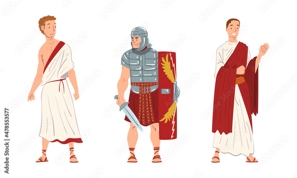 Ancient Roman Soldier or Greek Warrior and Man in Long Tunic Standing Vector Set
