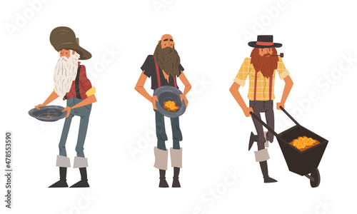 Bearded Male Prospector Character Gold Mining Pulling Wheelbarrow and Holding Pan Vector Set