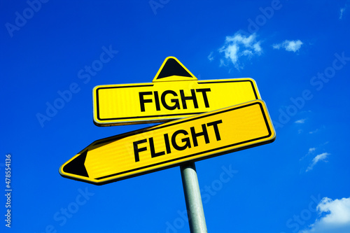 Flight or Fight - response and reaction to problem, trouble, conflict, danger and dangerous confrontation. Being brave, courageous and bold or coward.  Traffic sign with two options and decisions.