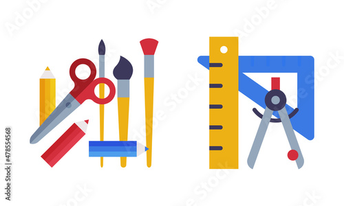 Ruler with Compass and Brush with Pencils as School Education Object Vector Set