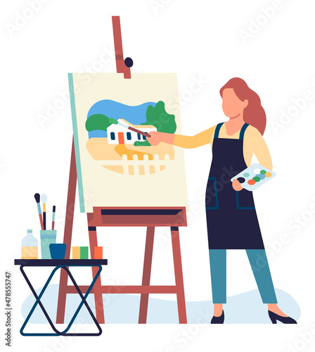 Woman painting picture on easel. Artist drawing landscape