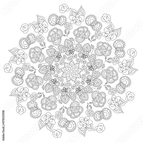 Contour round pattern of abstract floral elements for coloring.