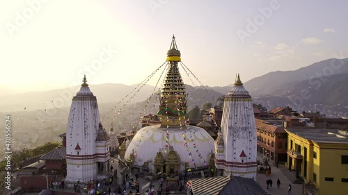 Flying backwards viewing Swayambhunath Stupa in Kathmandu Nepal.