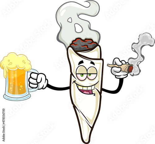 Marijuana Joint Cartoon Character Smoking And Holding A Mugs Of Beer. Vector Hand Drawn Illustration Isolated On Transparent Background