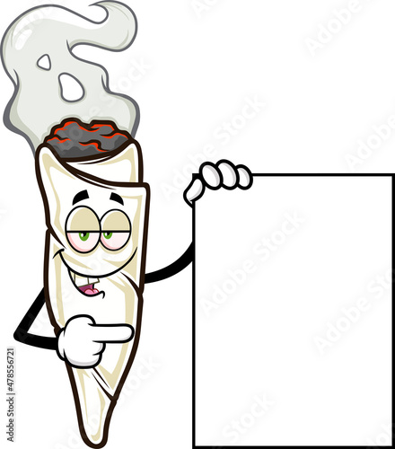 Funny Marijuana Joint Cartoon Character Pointing To A Blank Sign. Vector Hand Drawn Illustration Isolated On Transparent Background