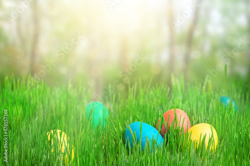 Colorful Easter eggs on green grass and defocused garden background. Copy space