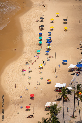 Beautiful view from above to beach with sun umbrellas