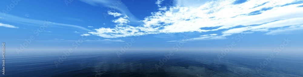 Seascape at sunset, ocean surface under the sky with clouds, 3D rendering