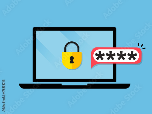 Laptop with password notification and lock icon vector illustration isolated on white, concept of security notice, personal access, user authorization note, login form icon, internet protection alert