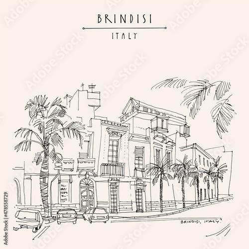 Vector Brindisi, Apulia, southern Italy, postcard. Old residential buildings, palm trees on a hot summer day. Italian hand drawn travel sketch. Vintage artistic poster template, brochure illustration