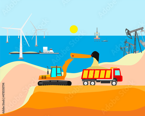 Mineral extraction illustration. Extraction of oil and sand. Wind power.