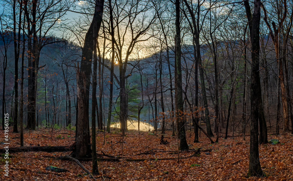 Sunset over the Sugar Hollow Reservoir in winter. Reservoir is source of water for Charlottesville, Virginia.