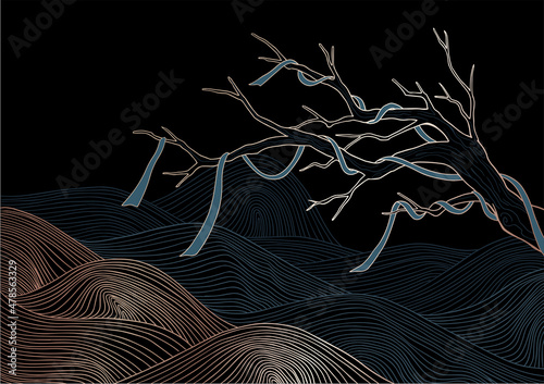 abstract art, black and gold illustration of branch with tape with gold waves