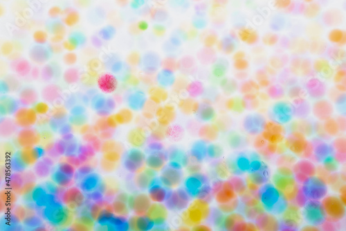 Variegated multicolored blurry background of balls in the water, transparent balls and circles in countless numbers