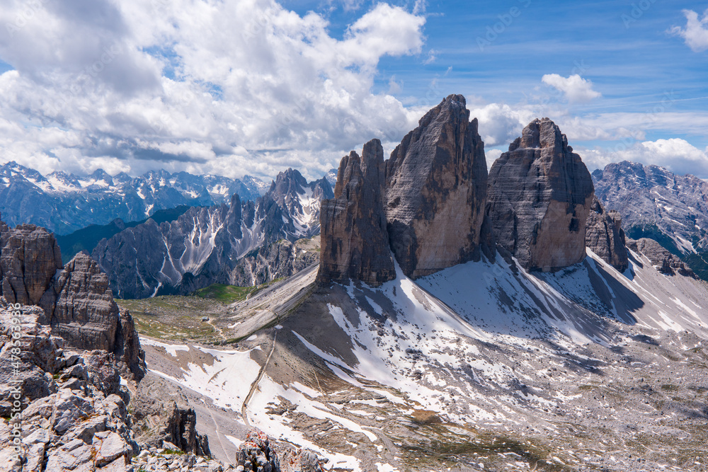 Tre Cime di Laveredo, three spectacular mountain peaks in Tre Cime di Lavaredo National Park, Sesto Dolomites, South Tyrol, Italy
