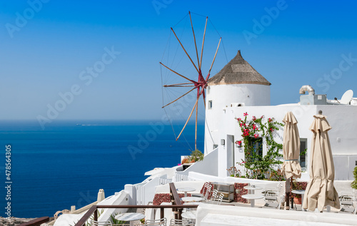 Windmill in Oia village, Santorini, Greece.