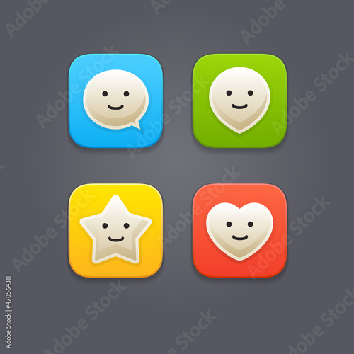 Vector UI icons with speech bubble, pin, star and heart symbols. Set of cute rounded buttons with smiley faces