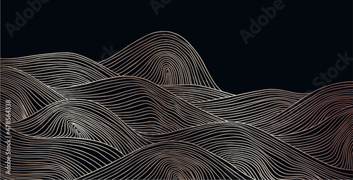 vector abstract japanese style landscapes lined waves in black and gold colours	