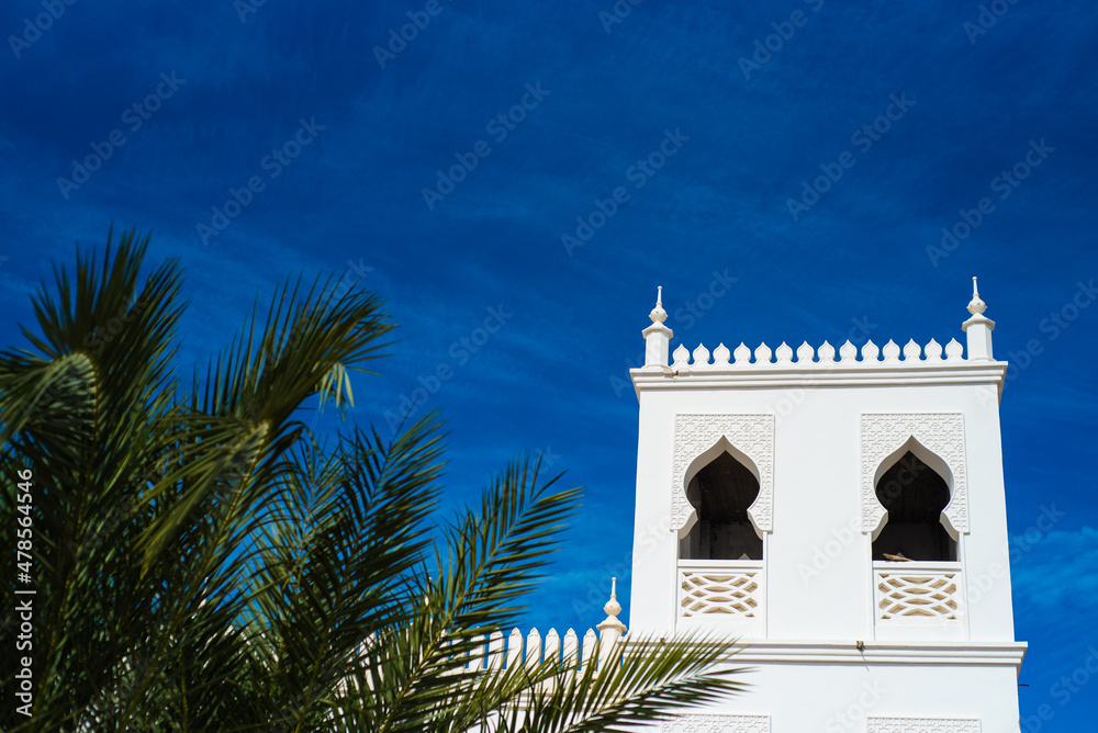 Arabian architecture elements on blue sky background