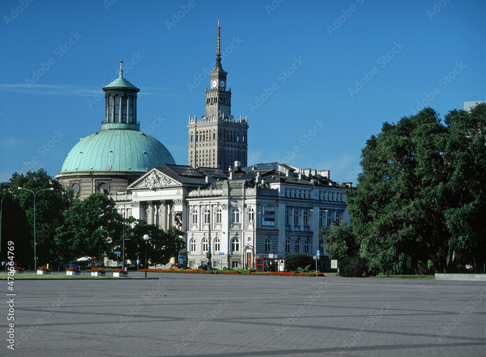 J. Pilsudski Square, the Evangelical-Augsburg Church, the Palace of Culture and Science and the Zacheta National Gallery of Art, Warsaw, Poland -June, 2010