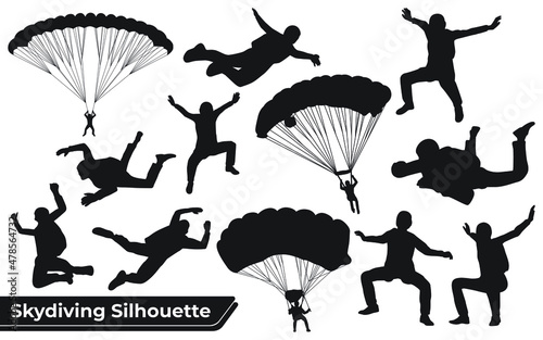 Black Silhouettes Hang Glider or Parachute skydiving