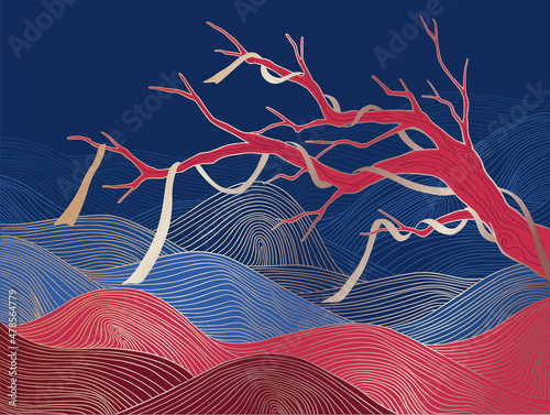 abstract art, bright colorful lined illustration of branch with tape with gold waves