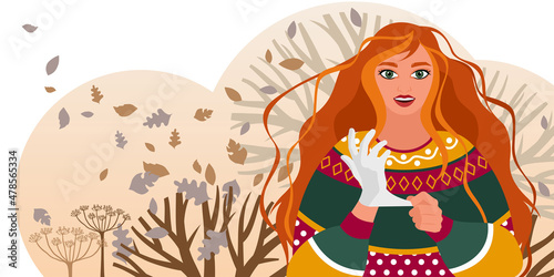 Autumn illustration of a girl with curly red hair fluttering in the wind along with foliage. Flat vector illustration.