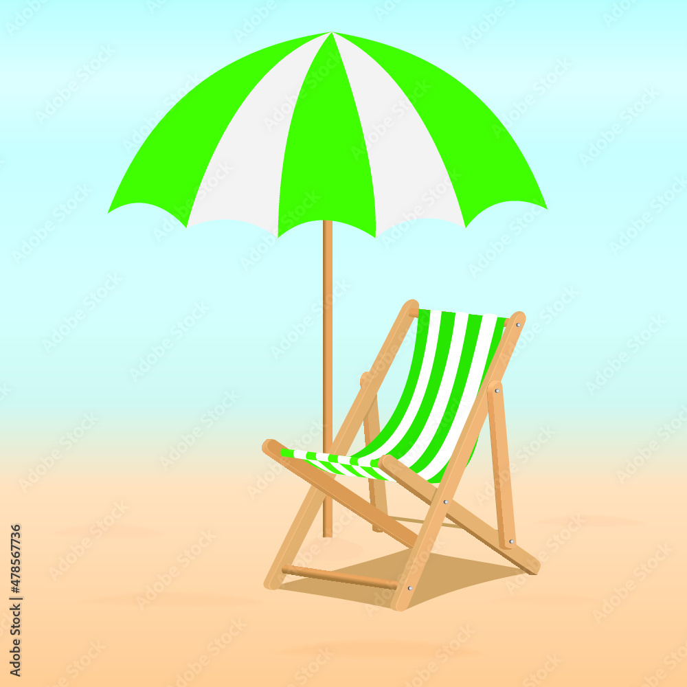 Summer. Green Recliners and Beach umbrella. Illustration