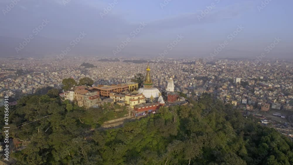 Aerial view of Kathmandu in Nepal looking past Swayambhunath Stupa.