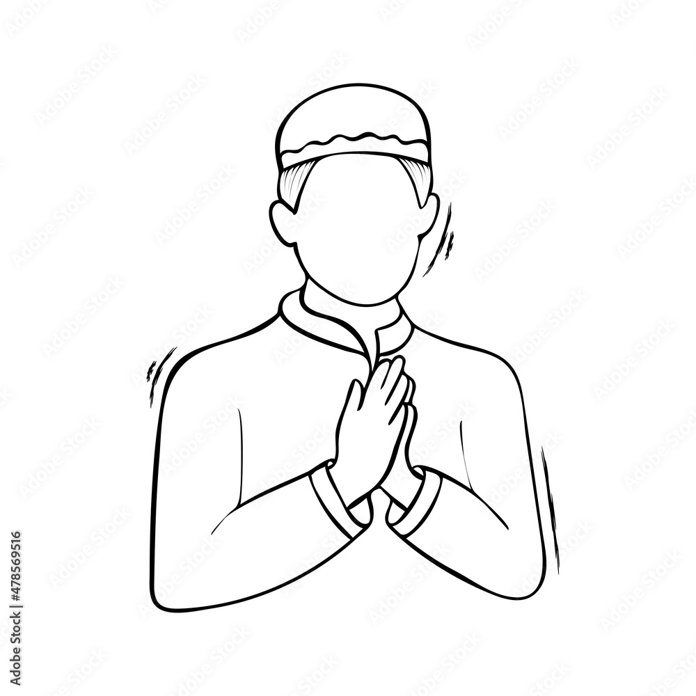 Muslim man greeting, praying with hand drawn sketch vector illustration ...