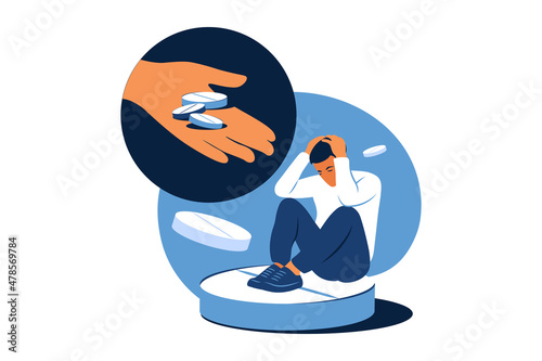 Concept of medication treating illness or disorder. Concept of antidepressants. Depressed man is sitting on big pill. Medicine. Flat. Vector illustration.