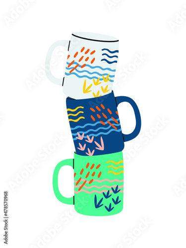 Flat vector cartoon illustration of a stack of three cups with a funny print. Isolated design on a white background.
