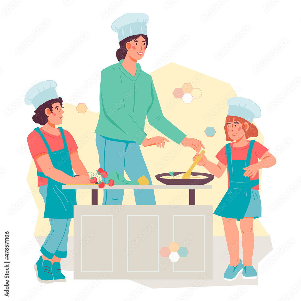 Kids cooking class concept with children preparing with help of an adult. Children in chef hats prepare food together with woman, flat vector illustration isolated on white background. Kids cooking class concept with children preparing with help of an adult. Children in chef hats prepare food together with woman, flat vector illustration isolated on white background.