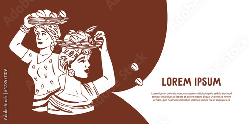 Coffee banner or flyer layout with women farmers holding harvest of coffee, monochrome graphic hand drawn vector illustration. Banner template for Coffee shop, Coffee house, cafe-bar advertising.
