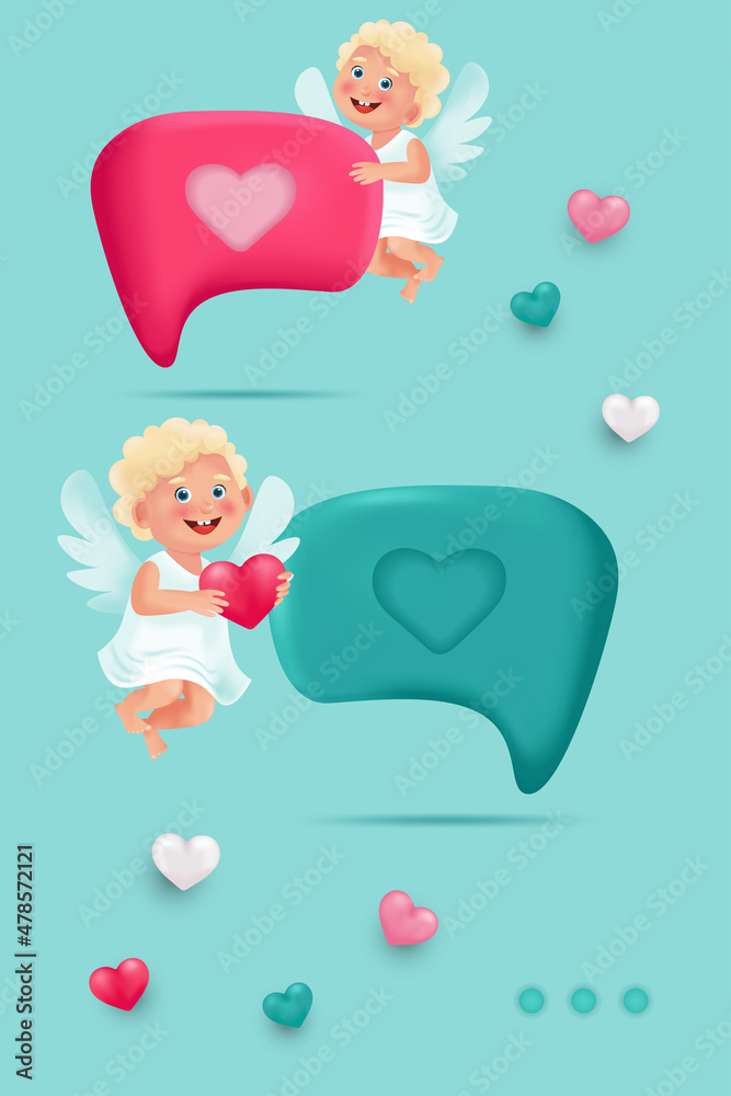 3d chat bubbles with cute cupid. Love correspondence. Valentines Day vector illustration 3d chat bubbles with cute cupid. Love correspondence. Valentines Day vector illustration
