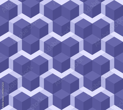 Seamless abstract pattern background. 3D cube shapes are interconnected. Color trend 2022 Very Peri. Design texture for banner, template, card, cover, poster, backdrop, wall. Vector illustration.