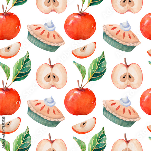 Watercolor pattern with freah red apples and tasty apple pie photo