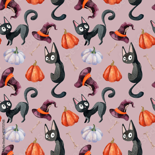 Watercolor Halloween pattern with black cats, pumpkins and witch hat