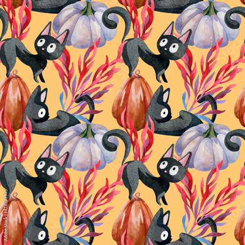 Watercolor autumn Halloween pattern with black cats, cute pumpkins and magic red plants