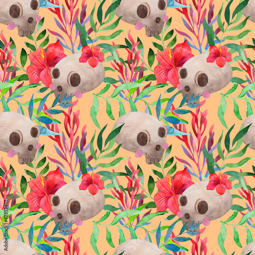 Watercolor spooky pattern with sculls and tropical flowers