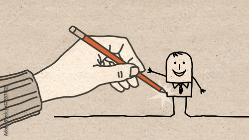 Cartoon Businessman Designed by a Big Human Hand