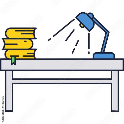 Table, lamp and stacked book vector icon