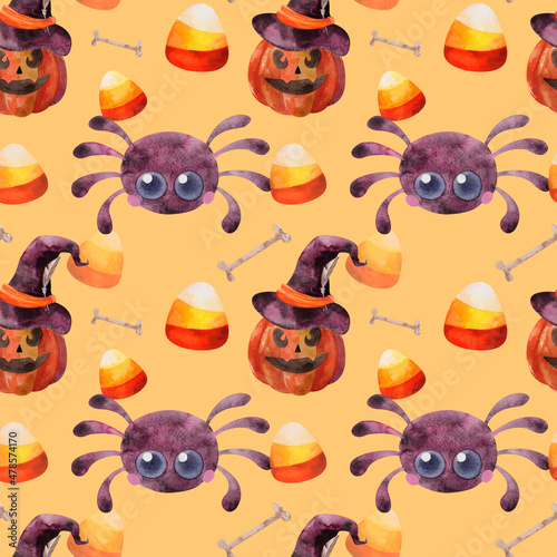 Watercolor Halloween pattern with Jack pumpkin, cute spider, candies and bones