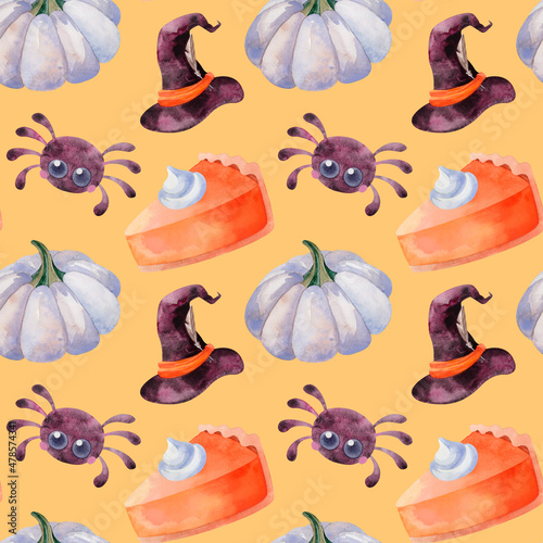 Watercolor Halloween pattern with orange and blue pumpkin, cute spider, pumpkin pie and witch hat